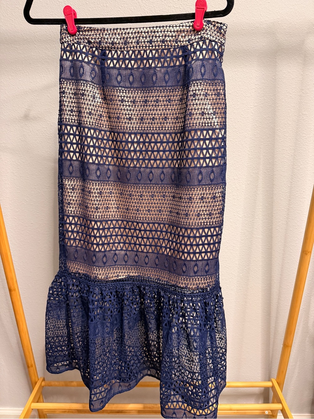 ASOS Navy Crochet Midi Skirt with Flared Hem